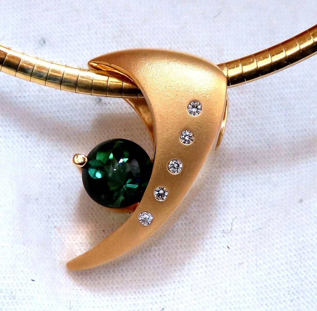3ct Natural Green Round Tourmaline Mod Deco Necklace Omega 14kt - 2