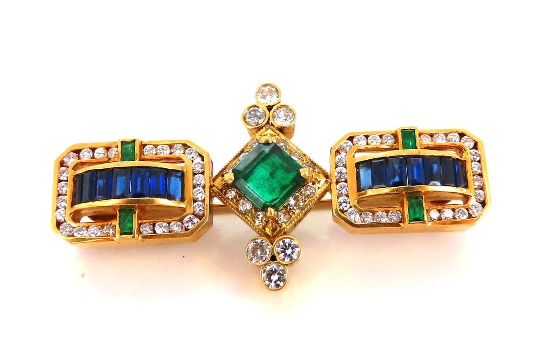 Vintage Rare Handmade Emerald Sapphire Diamond Pin 18kt - 2