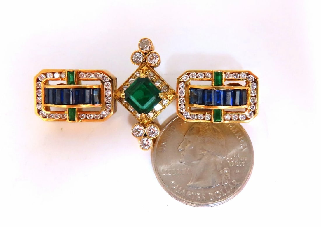 Vintage Rare Handmade Emerald Sapphire Diamond Pin 18kt - 3