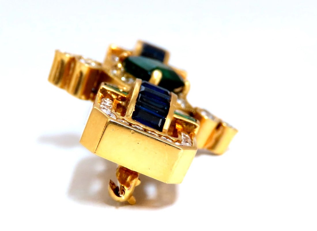 Vintage Rare Handmade Emerald Sapphire Diamond Pin 18kt - 4