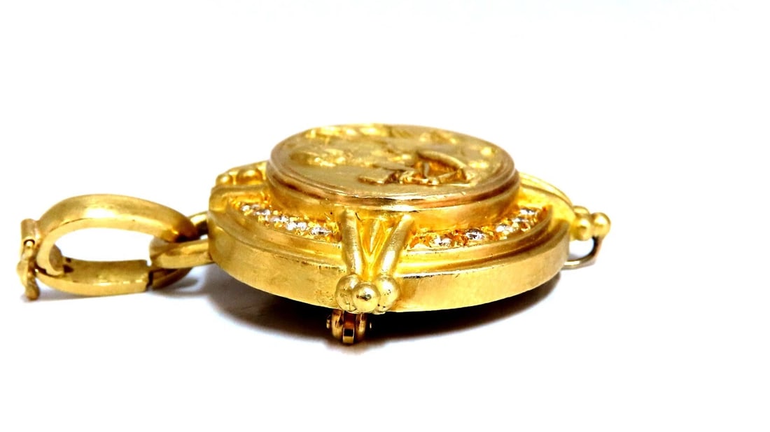 Zodiac Vintage Medallion Natural .60ct Diamonds Pendant Pin 18kt - 3