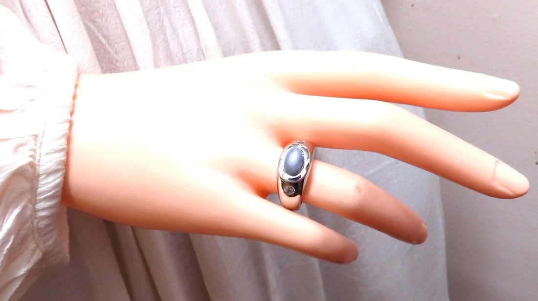 6ct Natural Gray Blue Sapphire Ring 14 Karat Cabochon Sugarloaf cut - 5