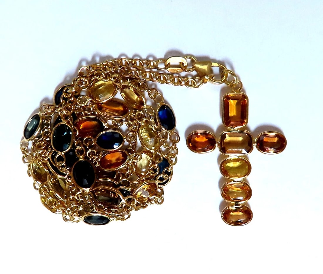 22ct Multicolor Natural Sapphire Rosary Necklace Cross & Yard 14kt: Title: 22ct Multicolor Natural Sapphire Rosary Necklace Cross & Yard 14kt Description: 22ct. Natural Sapphire Cross Necklace Orange, Yellow, Brown & Blue Colors clean clarity & transparent Brilliant
