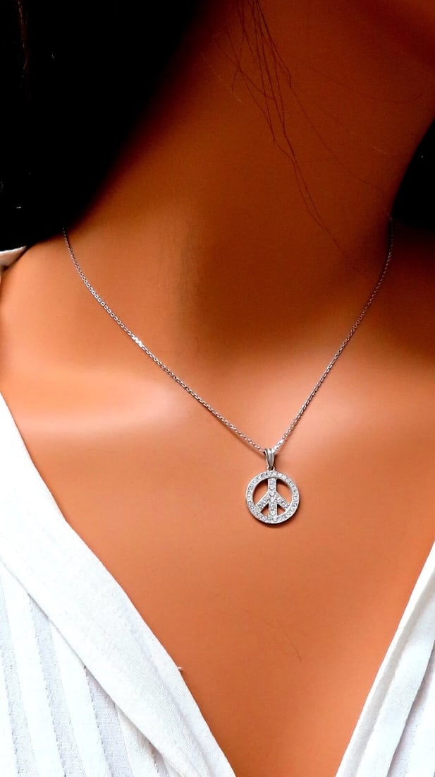 .80ct Bead Set Peace Charm natural Diamond Necklace 14kt - 6