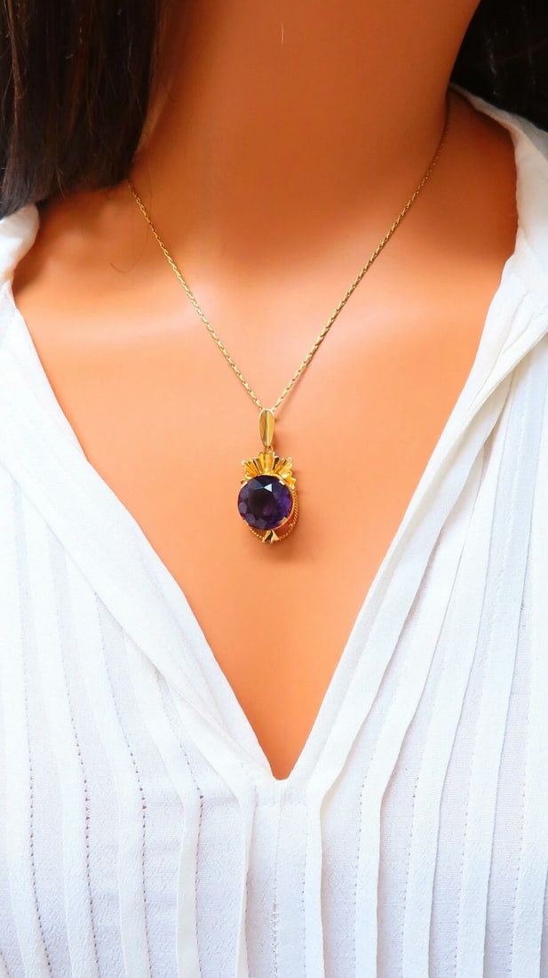 20ct Natural Round Amethyst Vintage Pendant 18kt - 8