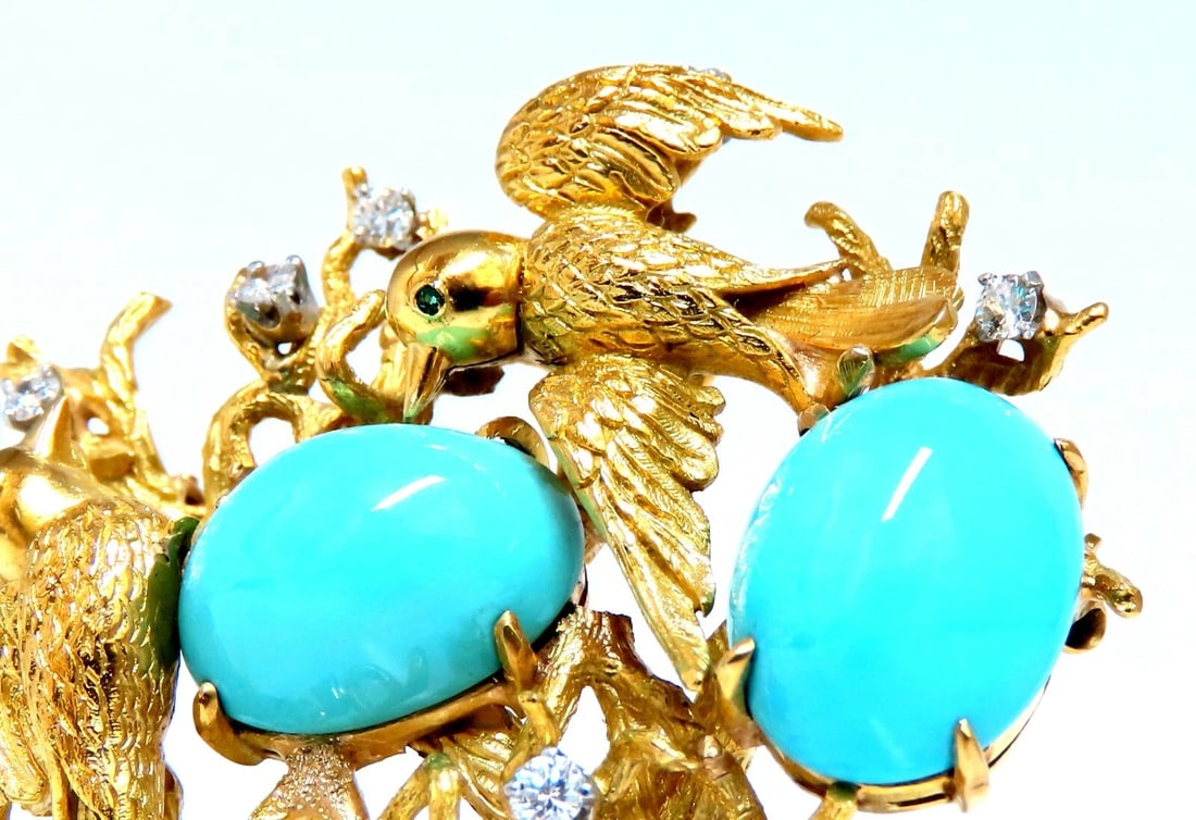 Vintage Bird Nest Eggs 20ct Turquoise 18kt Brooch High Intricate - 2