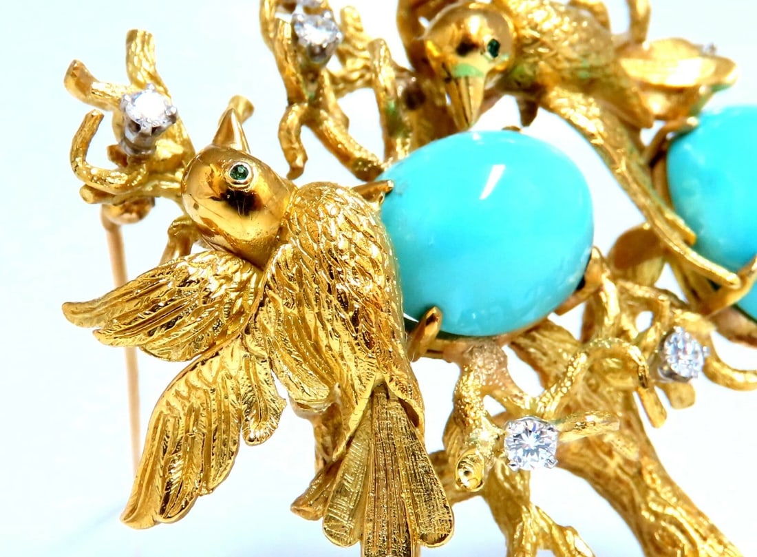 Vintage Bird Nest Eggs 20ct Turquoise 18kt Brooch High Intricate - 3