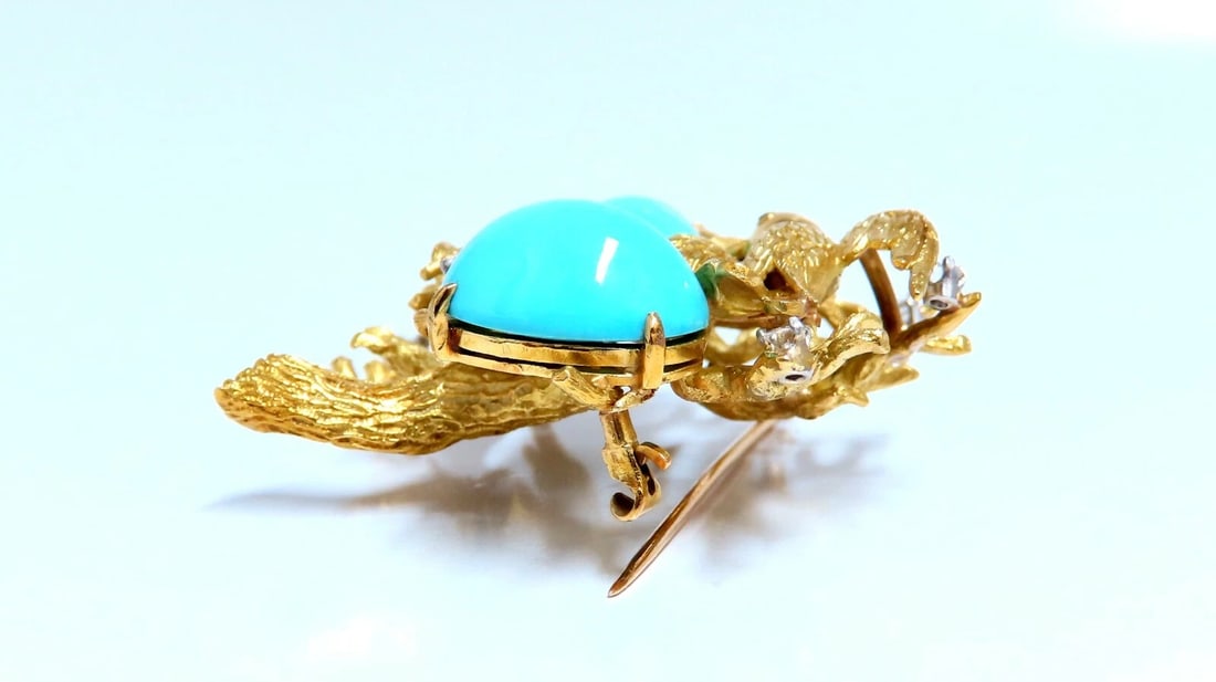 Vintage Bird Nest Eggs 20ct Turquoise 18kt Brooch High Intricate - 5