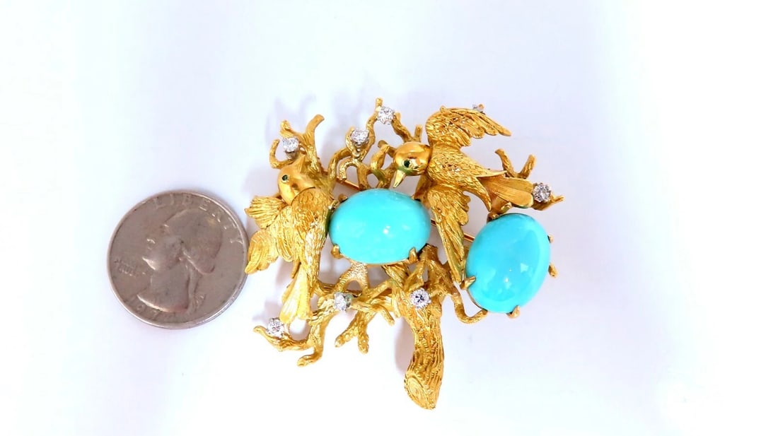 Vintage Bird Nest Eggs 20ct Turquoise 18kt Brooch High Intricate - 6