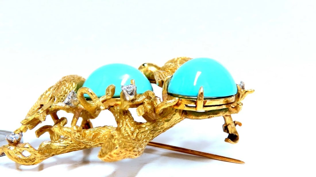 Vintage Bird Nest Eggs 20ct Turquoise 18kt Brooch High Intricate - 7