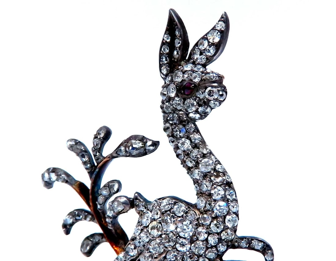 Antique 3ct Natural Diamonds Deer Pin 14kt - 2