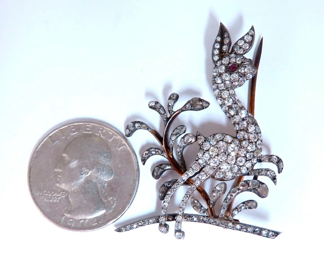Antique 3ct Natural Diamonds Deer Pin 14kt - 5