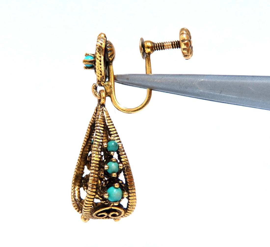 14kt yellow gold turquoise dangle earrings - 2