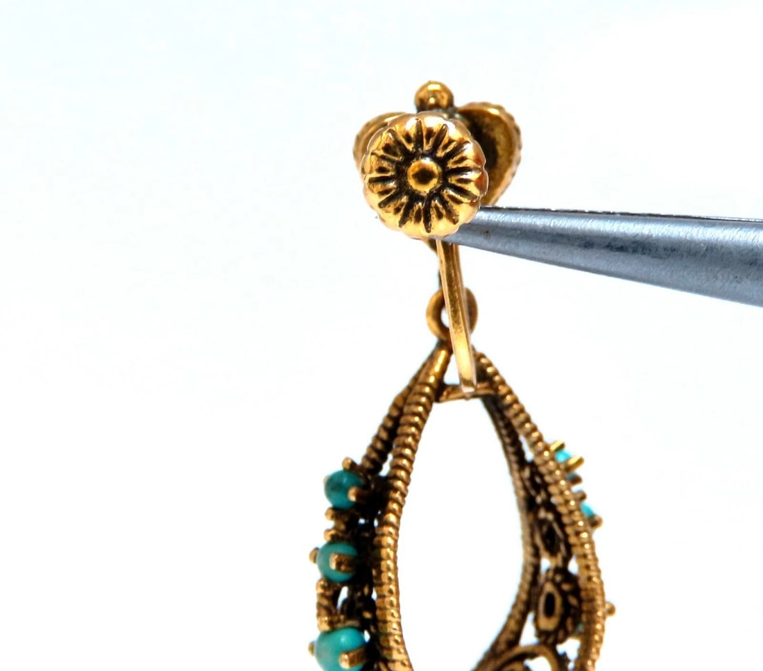 14kt yellow gold turquoise dangle earrings - 3