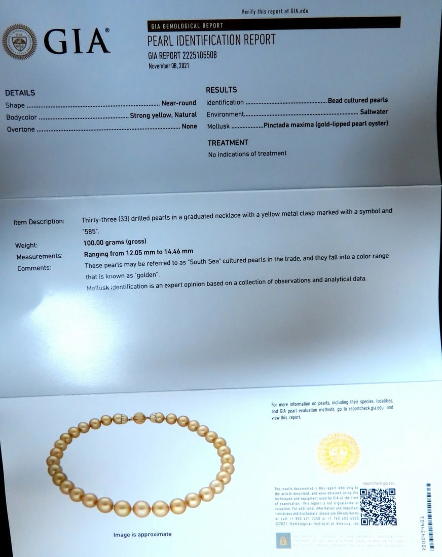 GIA certified Natural South Sea Golden Pearls Necklace 14mm - 7