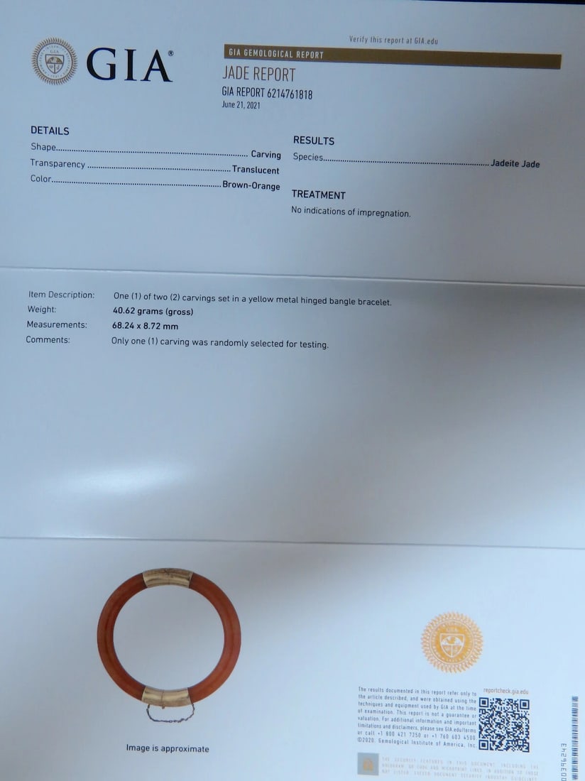 GIA Certified Natural Orange Brown Jade Bangle Bracelet 14kt - 5