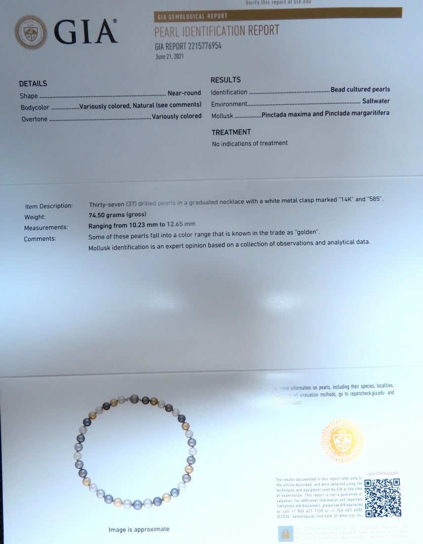 GIA certified Natural Peacock Tahitian Saltwater Pearls necklace 12.6m 14k - 7
