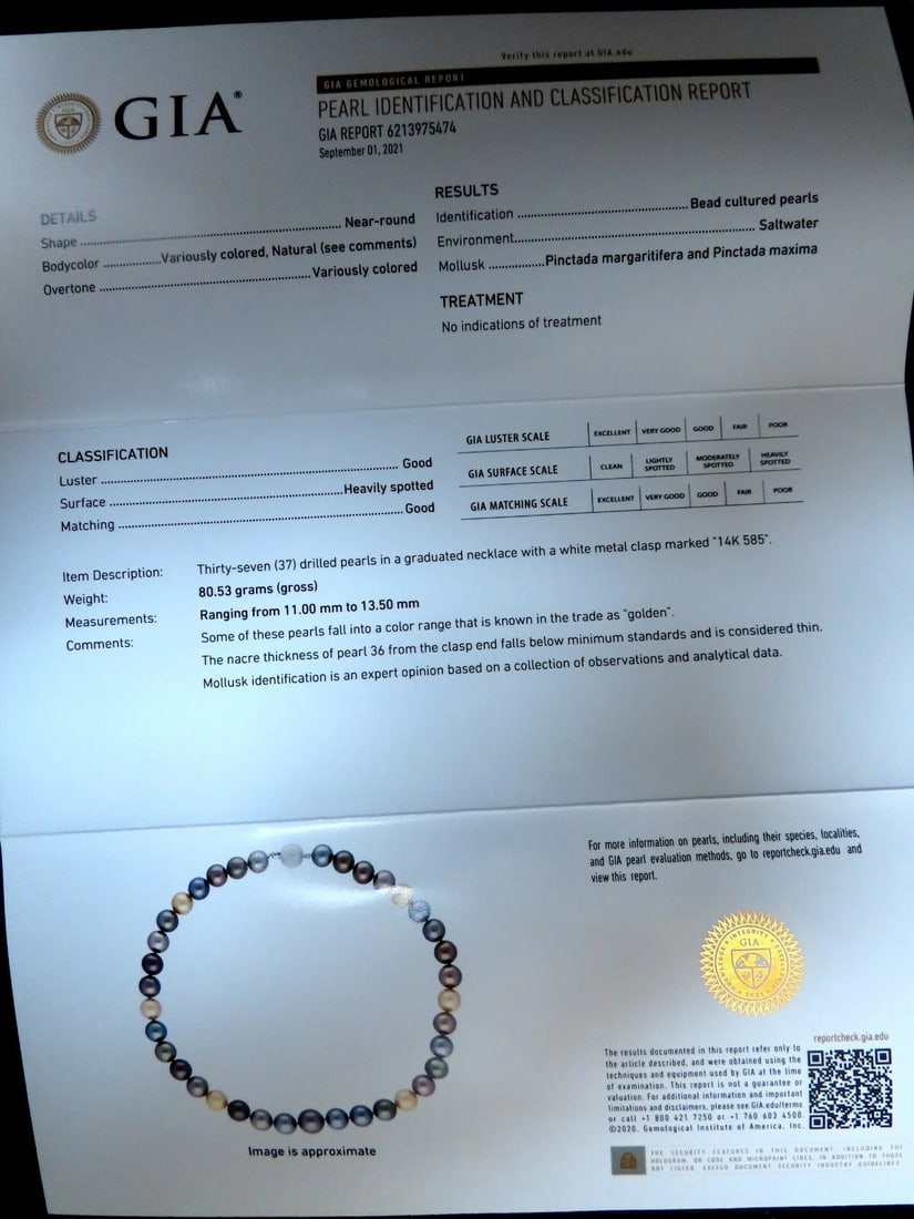 GIA certified Natural Multicolor Tahitian Saltwater Pearls necklace 13.5m 14k - 7