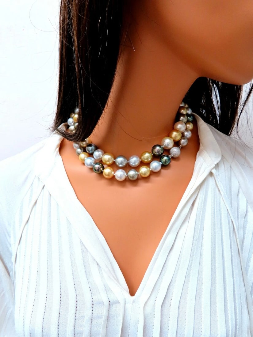 GIA certified Natural Multicolor Tahitian Saltwater Pearls necklace 14.4m 14k - 4