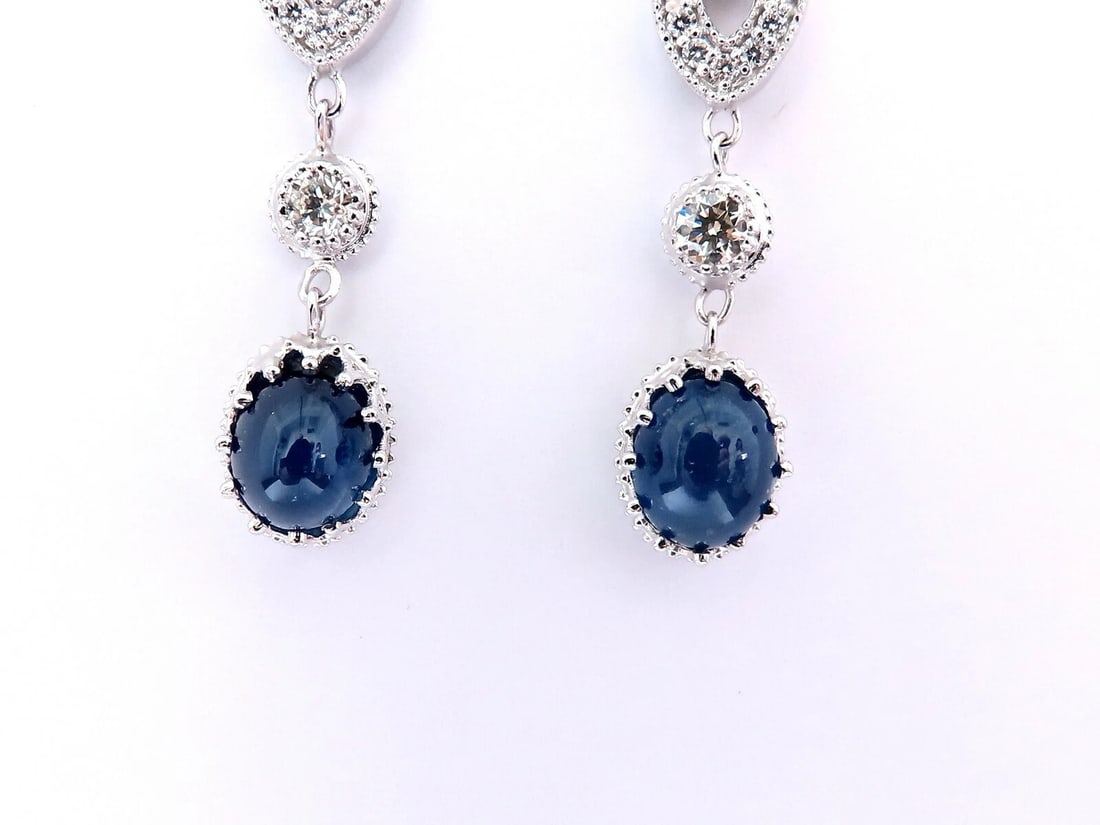 4.33ct Natural Sapphire Diamond Earrings 14kt cabochon dangles - 2