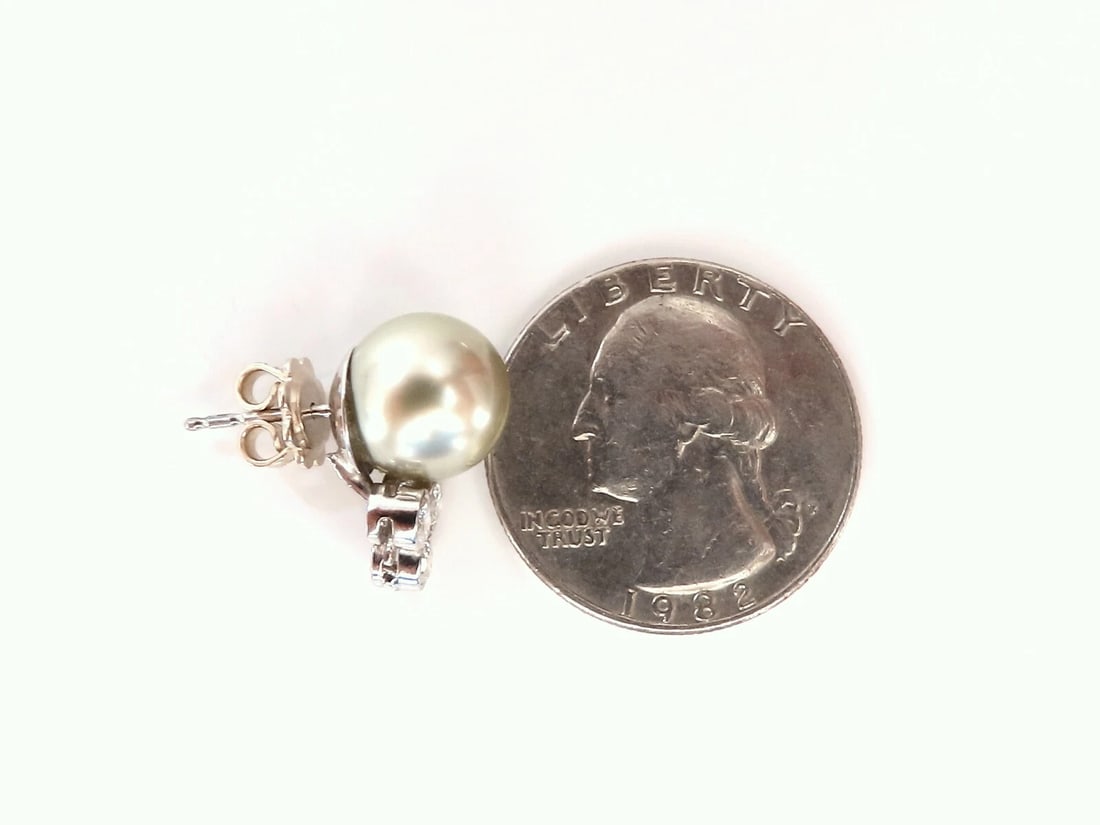 10.2mm pistachio Tahitian Pearls .60ct Diamonds Stud Earrings 14kt Gold - 3