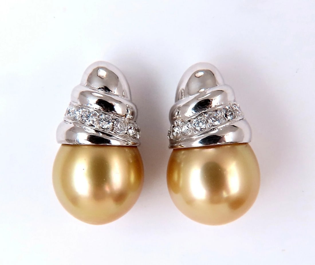 11.9mm Golden Yellow South Seas Pearls .50ct Diamonds Stud Earrings 14kt Gold (1 of 3)