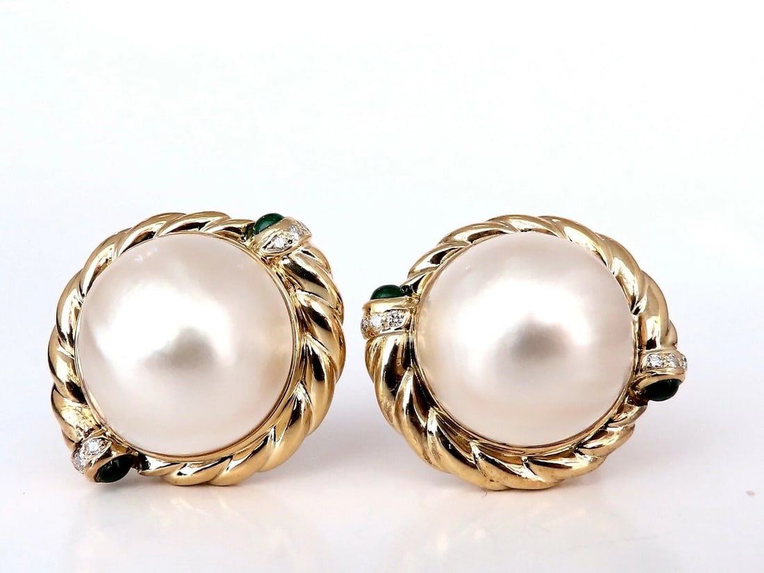 18.4mm Mabe Pearls .80ct emerald Clip Earrings 18kt Gold - 6