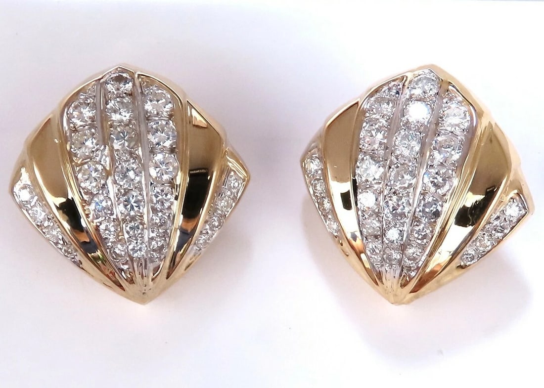 2ct. natural round diamond shell crest clip earrings 14kt gold - 6