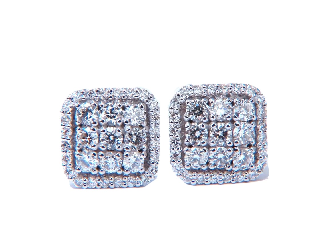 1.01ct. natural round diamond square cluster earrings 14 karat Halo: Title: 1.01ct. natural round diamond square cluster earrings 14 karat Halo Description: Square cluster Halo diamond earrings. 1.01 carat natural round diamonds G color vs2 clarity 14 karat white gold
