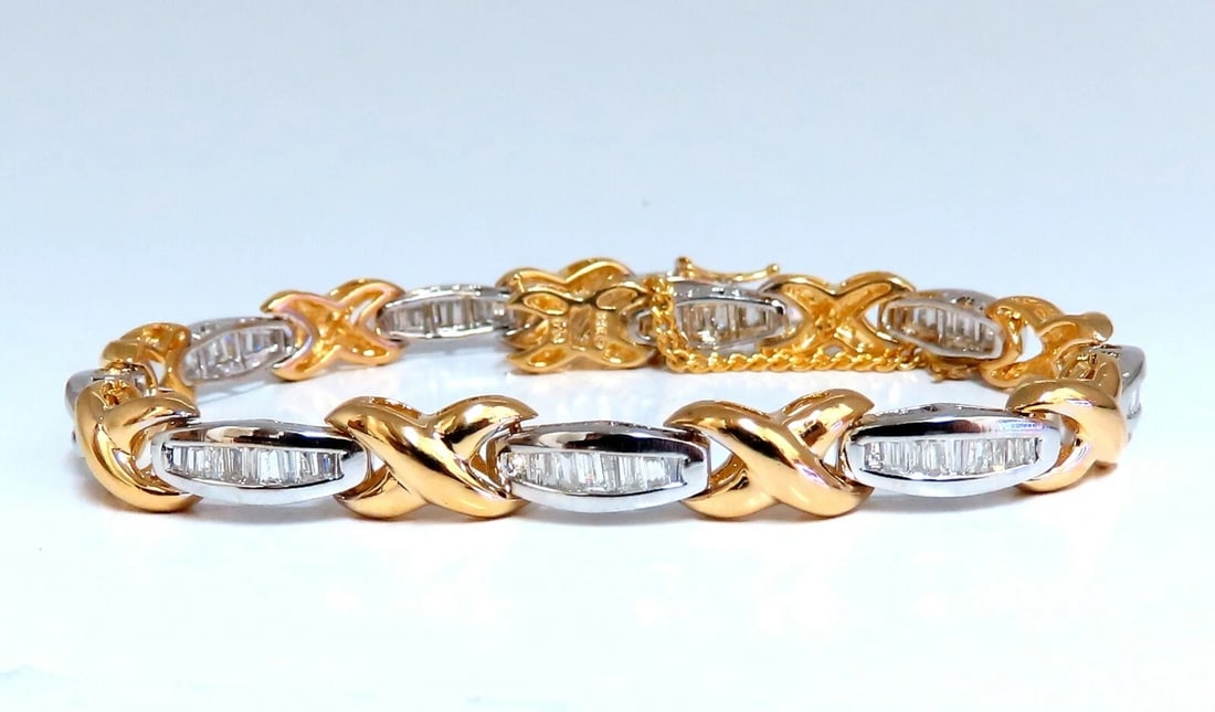 1.60ct natural baguette diamonds x bracelet 14 karat two-tone & safe chain - 2
