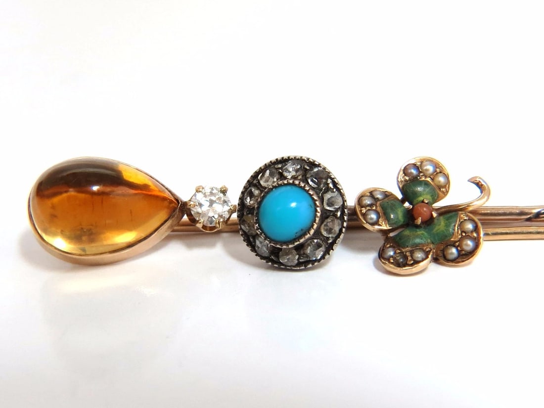 LOT OF (3) ANTIQUE HAT PINS COLLECTOR CLASSIC IRISH CLOVER CITRINE TURQUOISE - 2