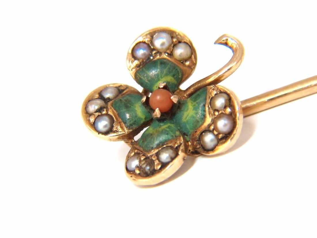 LOT OF (3) ANTIQUE HAT PINS COLLECTOR CLASSIC IRISH CLOVER CITRINE TURQUOISE - 5