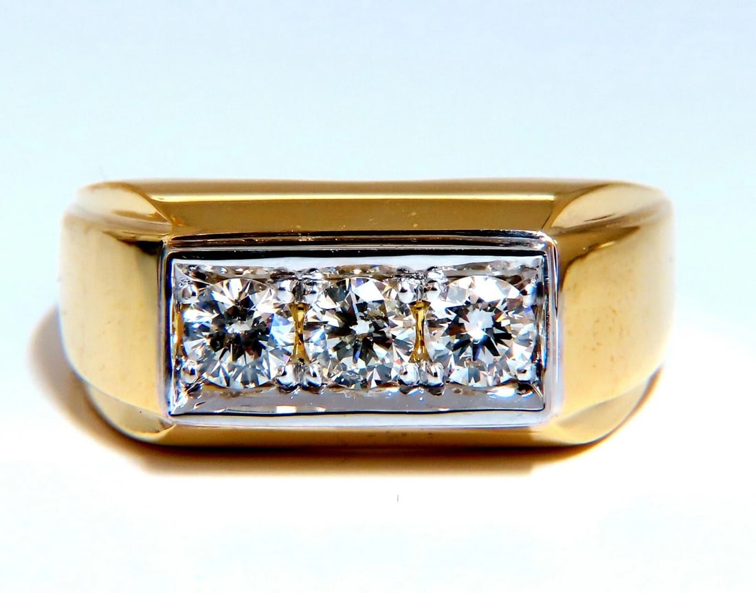.85ct Natural Three Stone Masculine Pave Beaded Flat Deck Mens Ring 14kt - 2