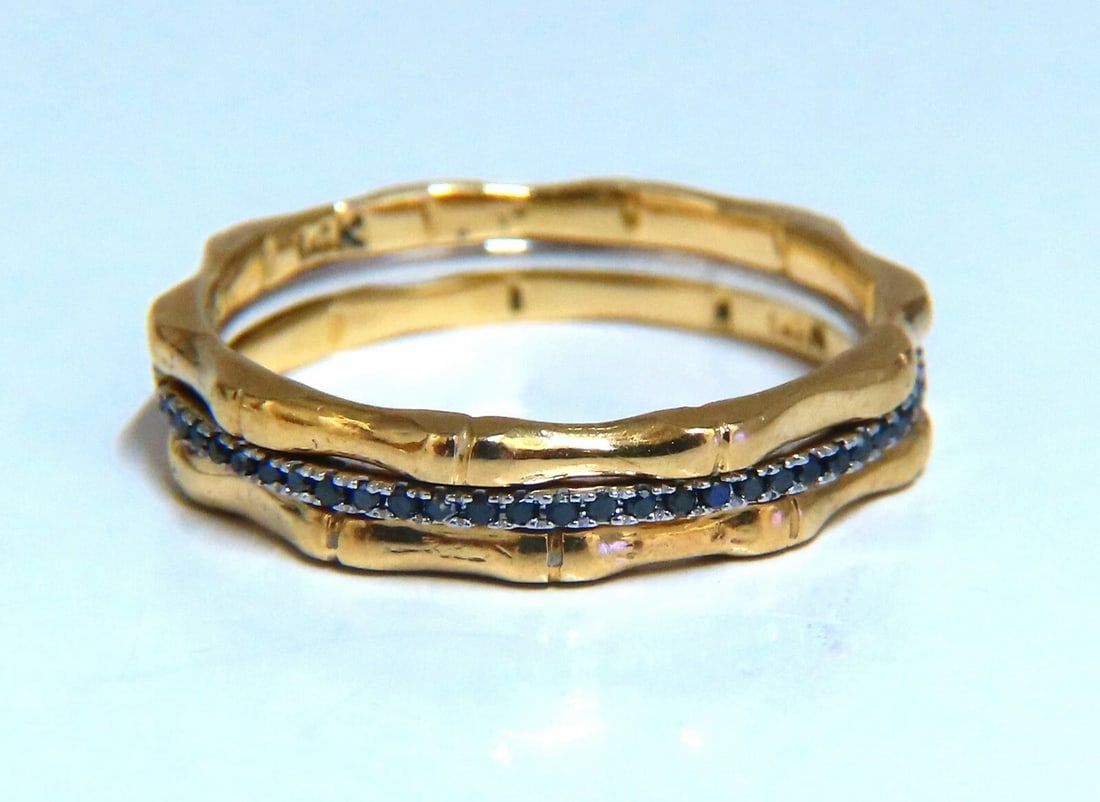 .40ct Natural Black Diamonds & Bamboo Deco Bands Stacking Rings 14kt gold - 2
