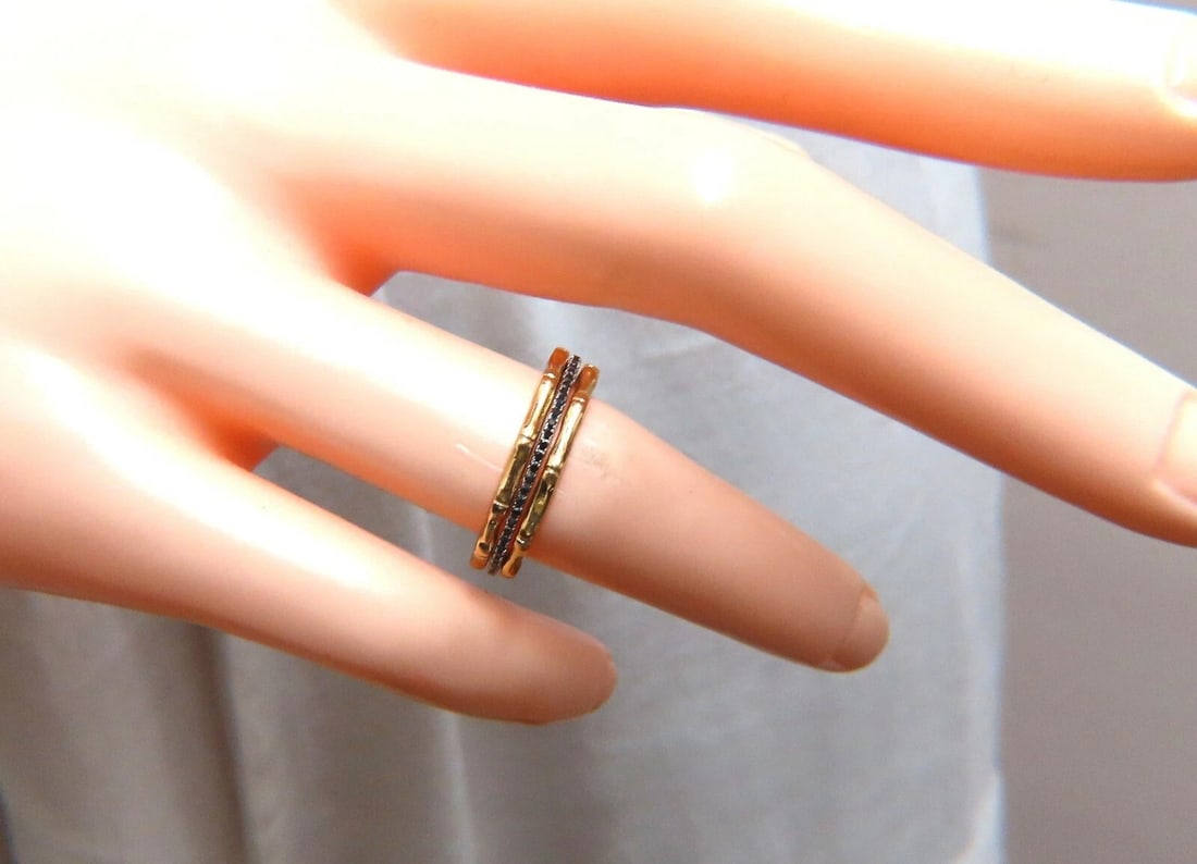.40ct Natural Black Diamonds & Bamboo Deco Bands Stacking Rings 14kt gold - 4