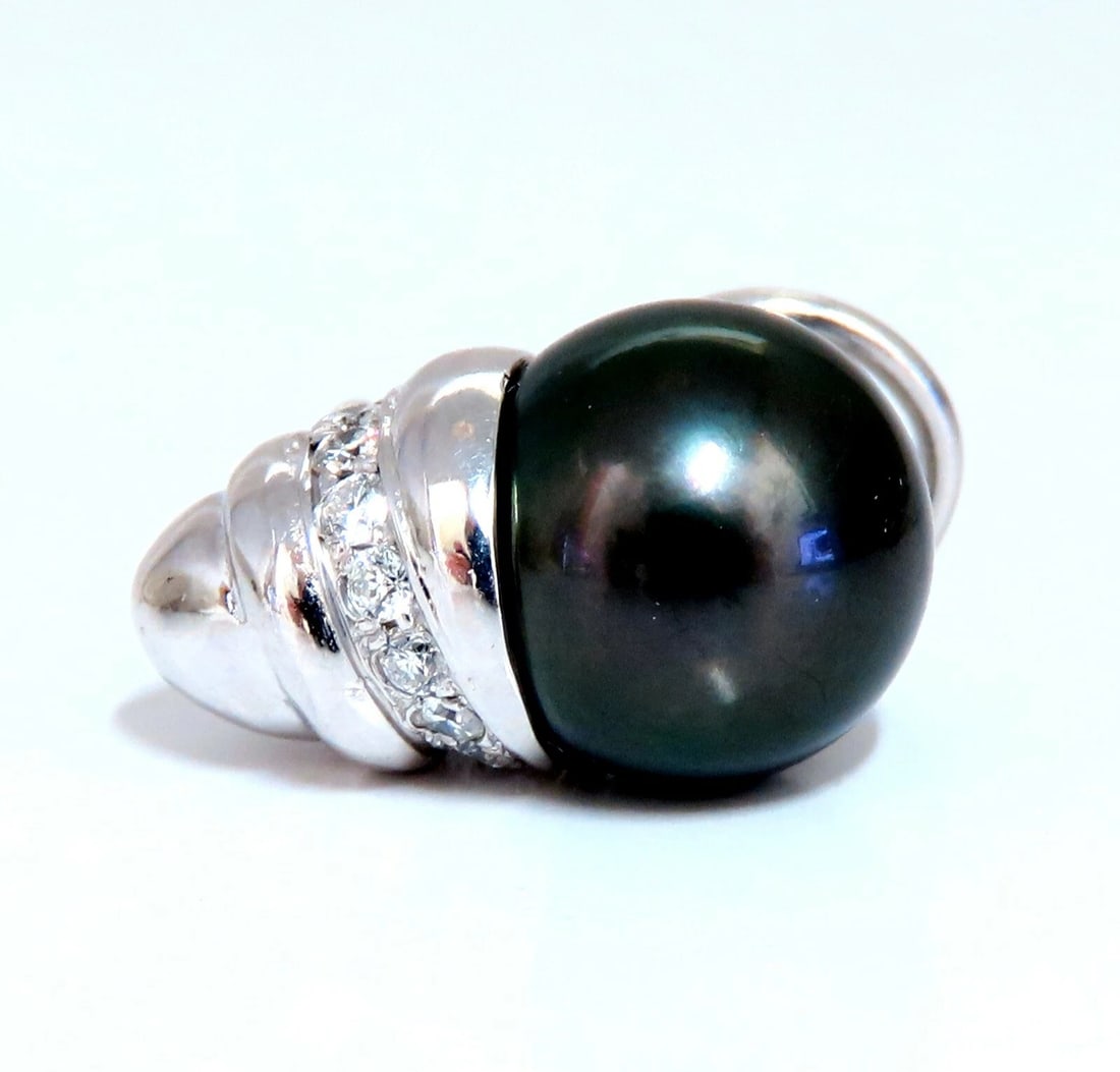 11mm natural tahitian pearl & .50ct diamonds raised cap earrings 14kt - 3