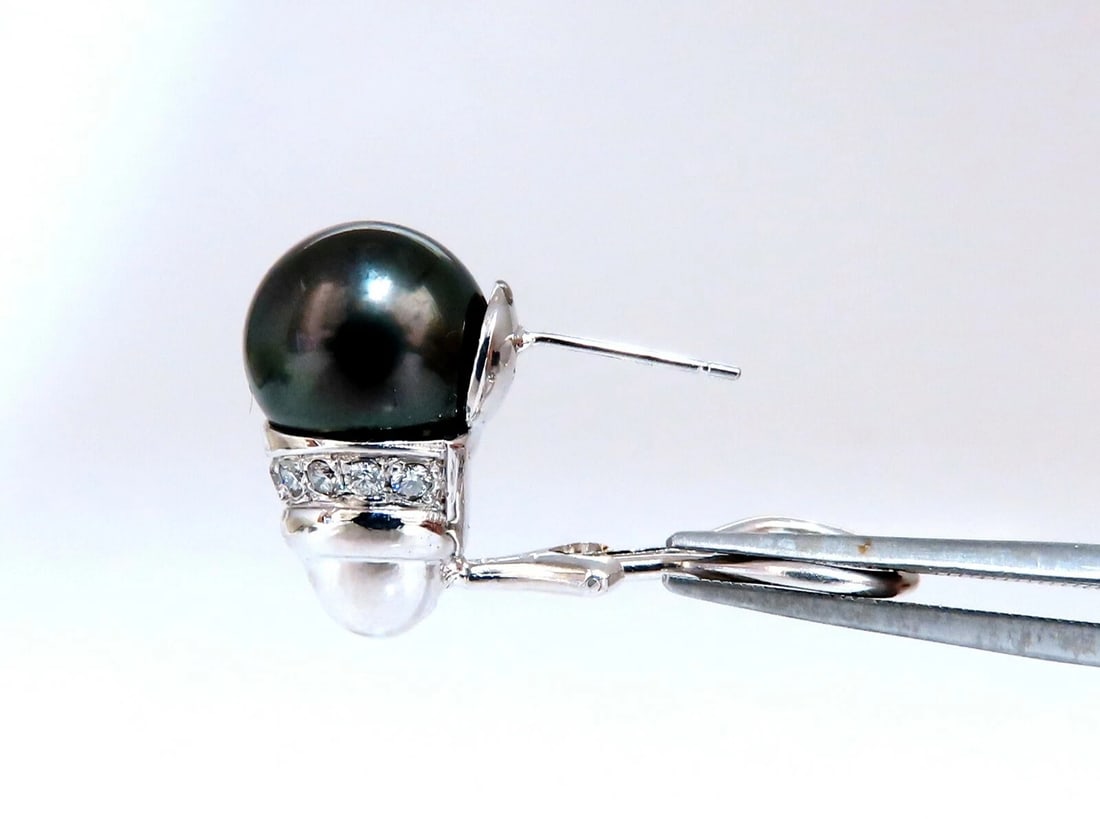 11mm natural tahitian pearl & .50ct diamonds raised cap earrings 14kt - 6