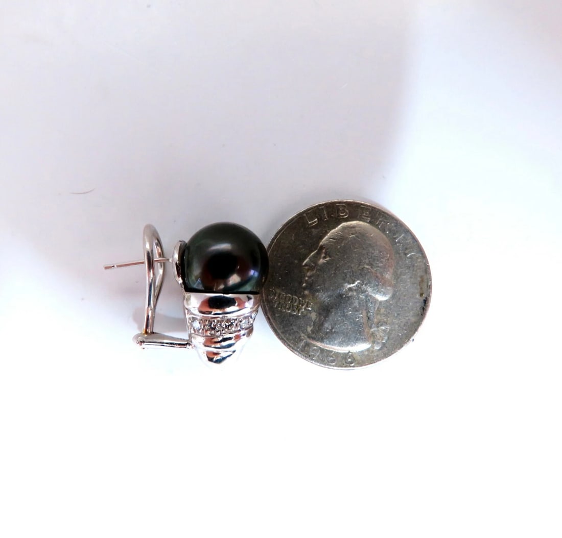11mm natural tahitian pearl & .50ct diamonds raised cap earrings 14kt - 8