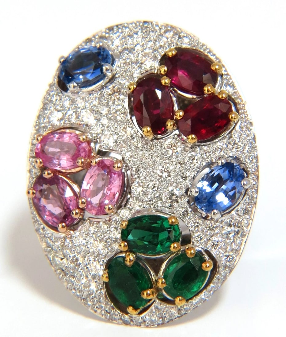 7.26CT NATURAL SAPPHIRE EMERALD RUBY DIAMONDS SECTIONAL COCKTAIL RING 18KT - 2