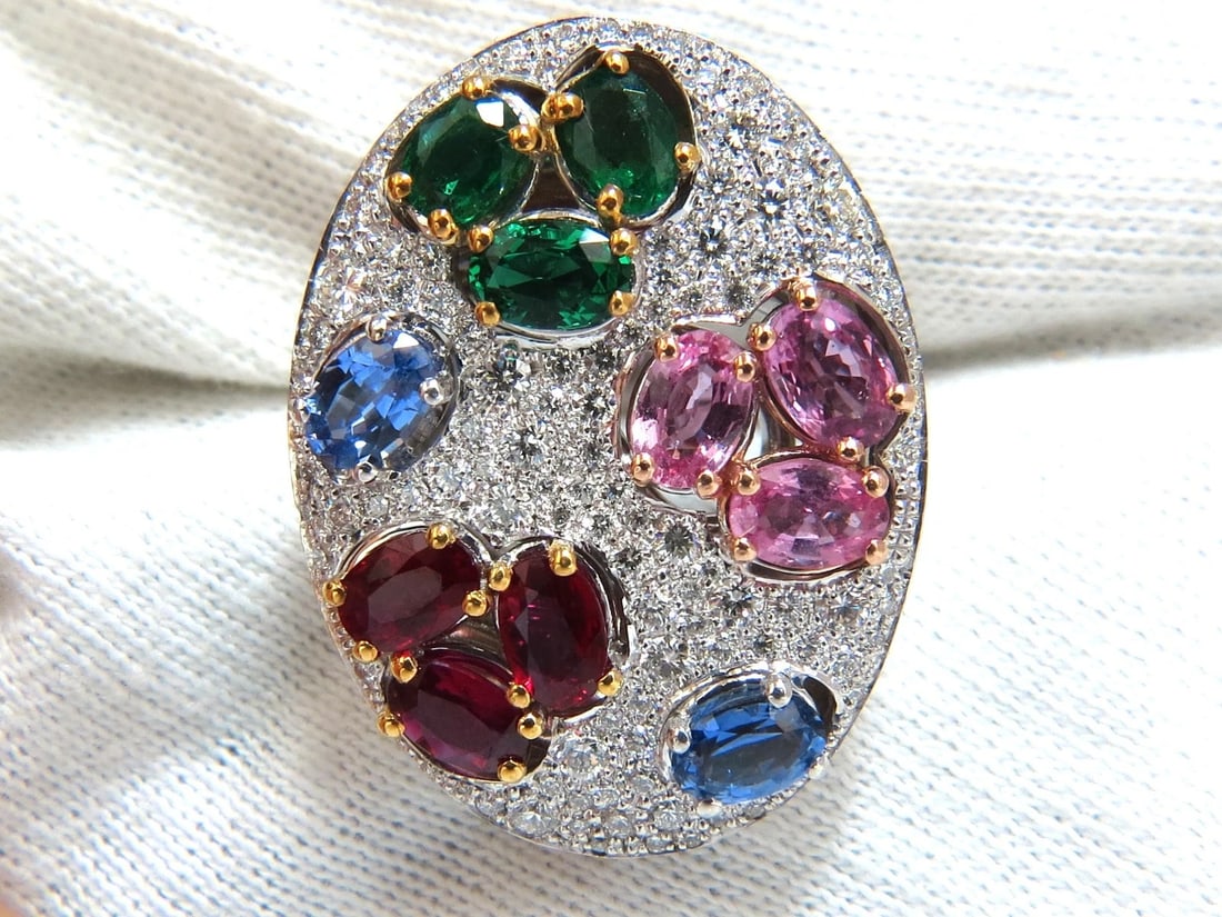 7.26CT NATURAL SAPPHIRE EMERALD RUBY DIAMONDS SECTIONAL COCKTAIL RING 18KT - 7