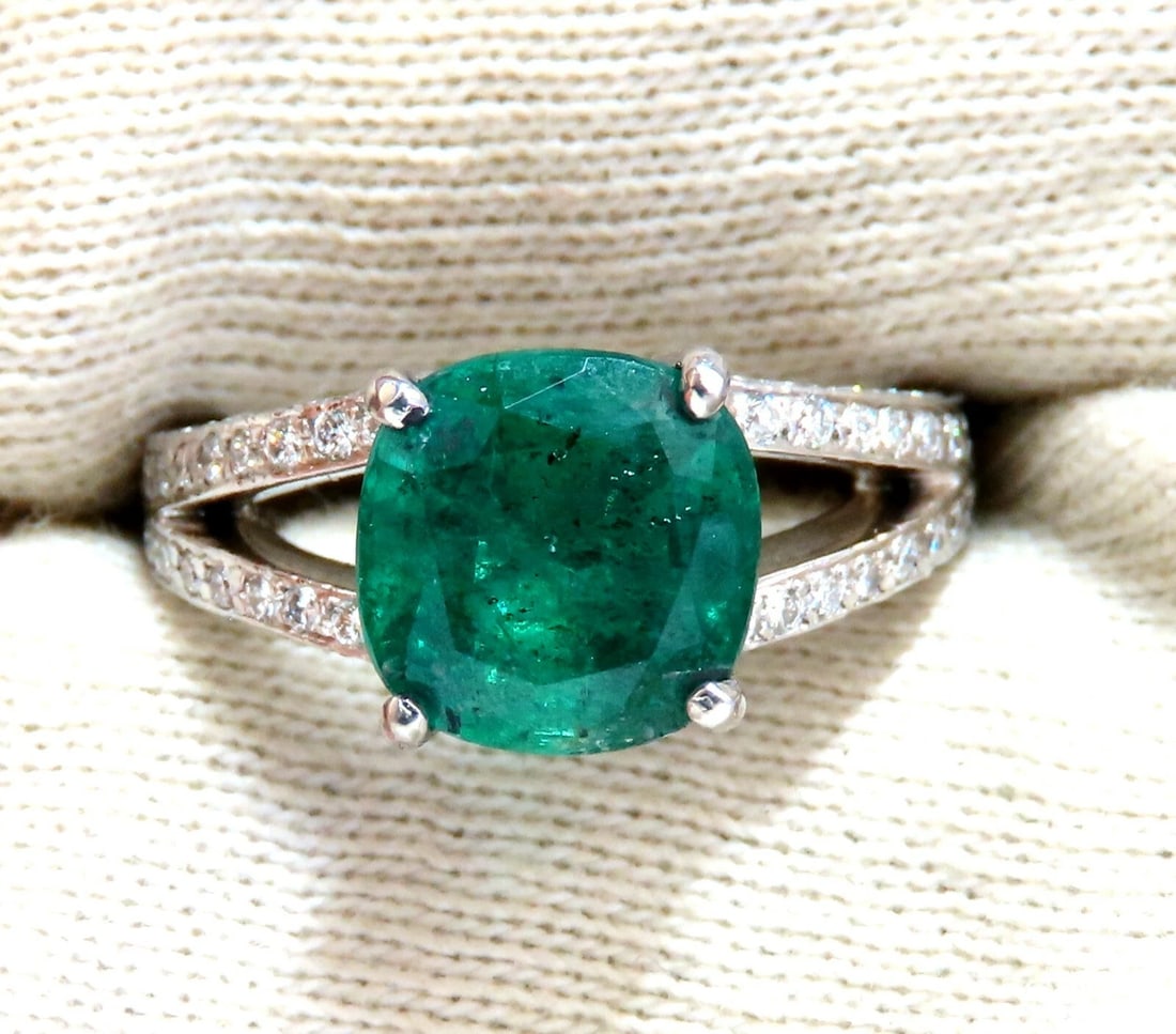 5.30ct Natural Cushion Emerald Diamonds Ring Platinum Split Shank Fine Green - 6