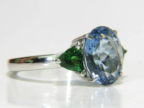 3.98CT NATURAL AQUAMARINE TSAVORITE RING MODERN 3 14KT GOLD - 2
