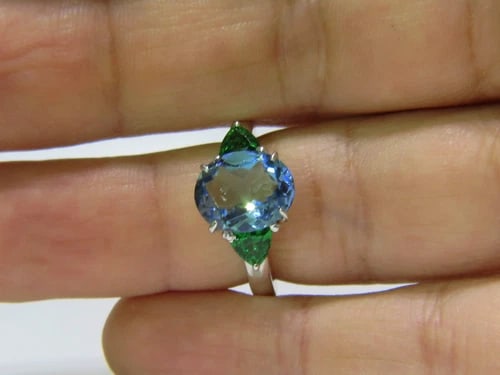3.98CT NATURAL AQUAMARINE TSAVORITE RING MODERN 3 14KT GOLD - 5