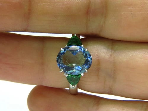 3.98CT NATURAL AQUAMARINE TSAVORITE RING MODERN 3 14KT GOLD - 6