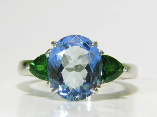 3.98CT NATURAL AQUAMARINE TSAVORITE RING MODERN 3 14KT GOLD - 7