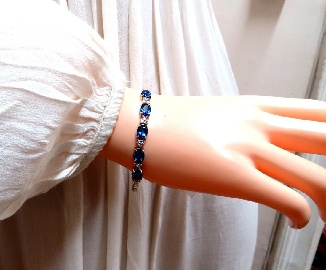 6.38ct natural Vivid royal blue round sapphires diamond bracelet 14 Karat - 6