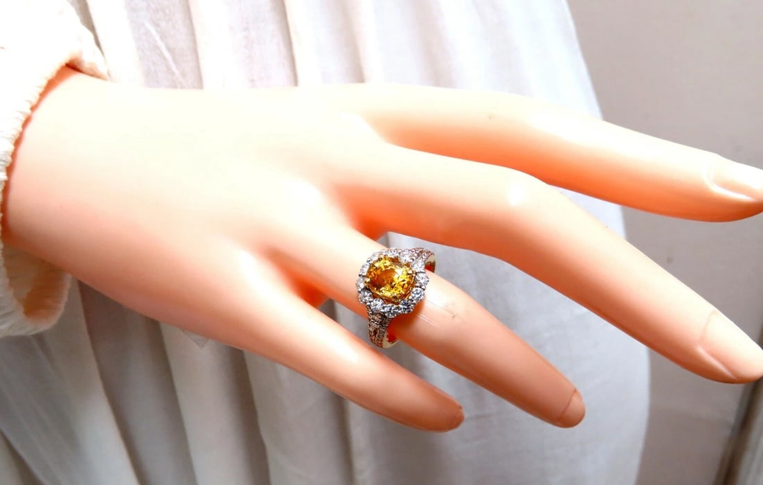 GIA Certified 2.59Ct Natural Yellow Natural Sapphire Diamonds Ring 14kt - 8