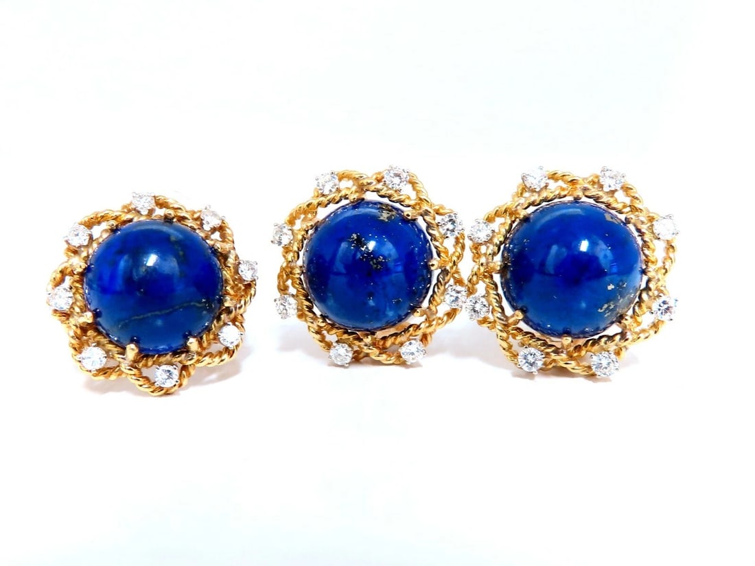 GIA Certified Natural Lapis Diamond Clip Earrings & Ring 18kt - 2
