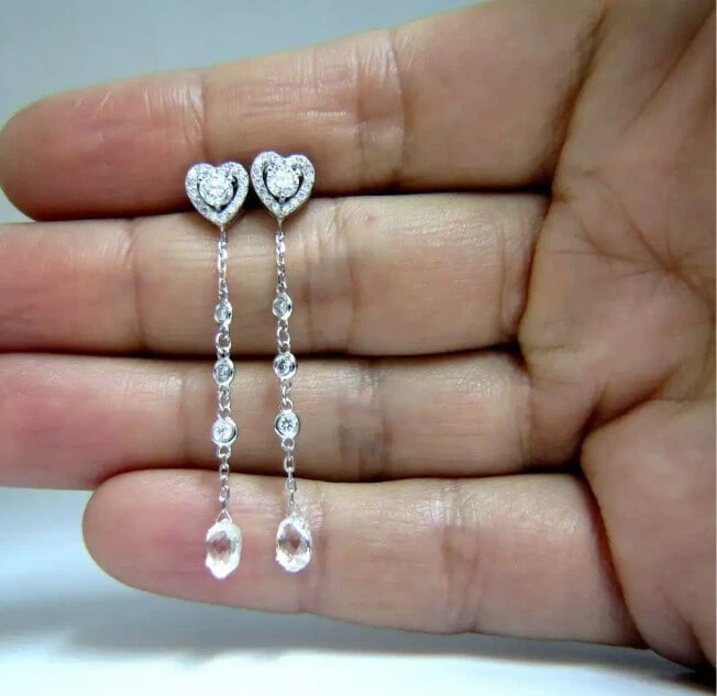2.40ct Natural Briolette Diamonds Dangle Station Yard Earrings 14kt - 4