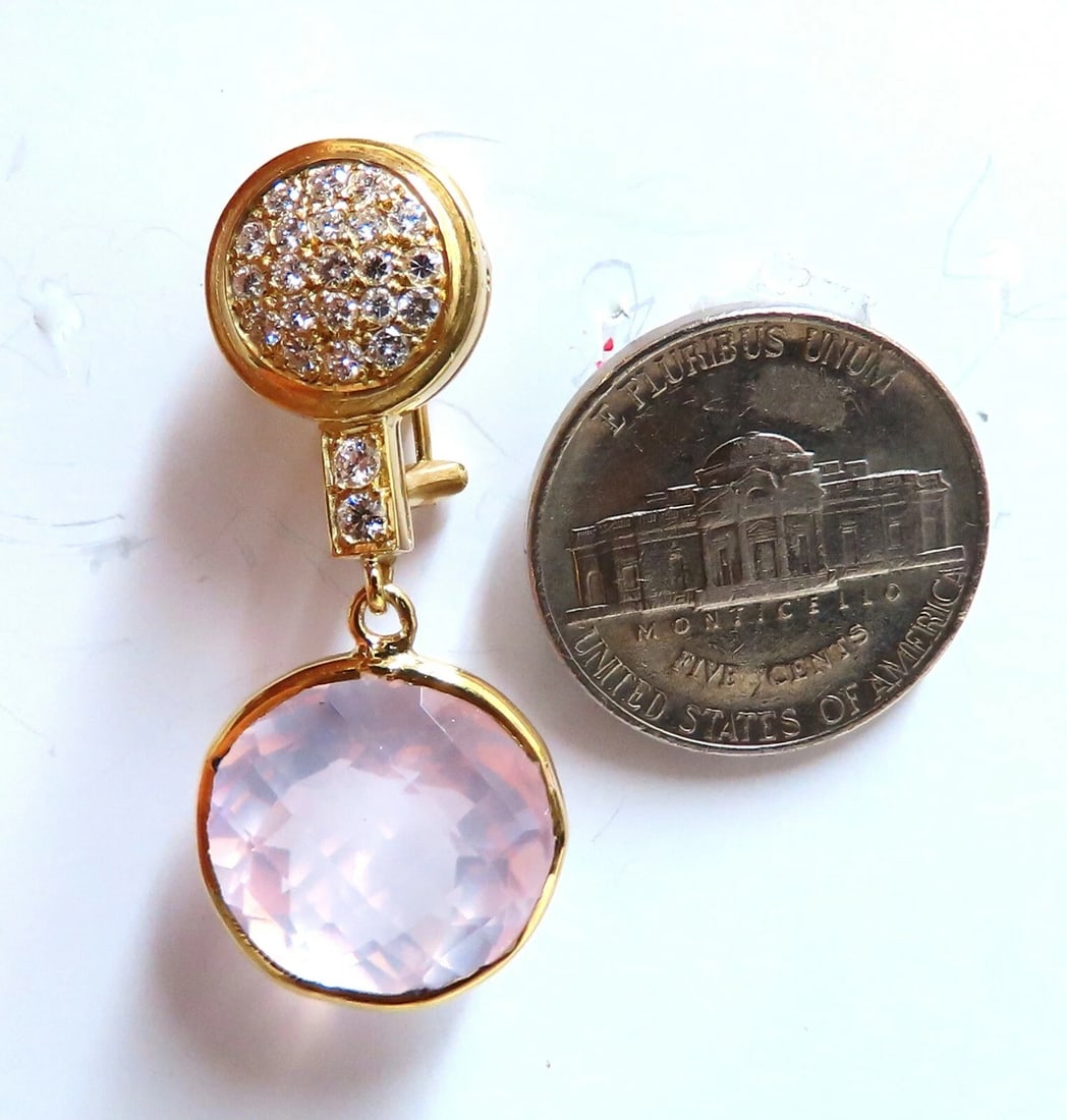 30.33ct Natural Rose Quartz Diamond Dangle Earrings 18 Karat Pink Flash - 3